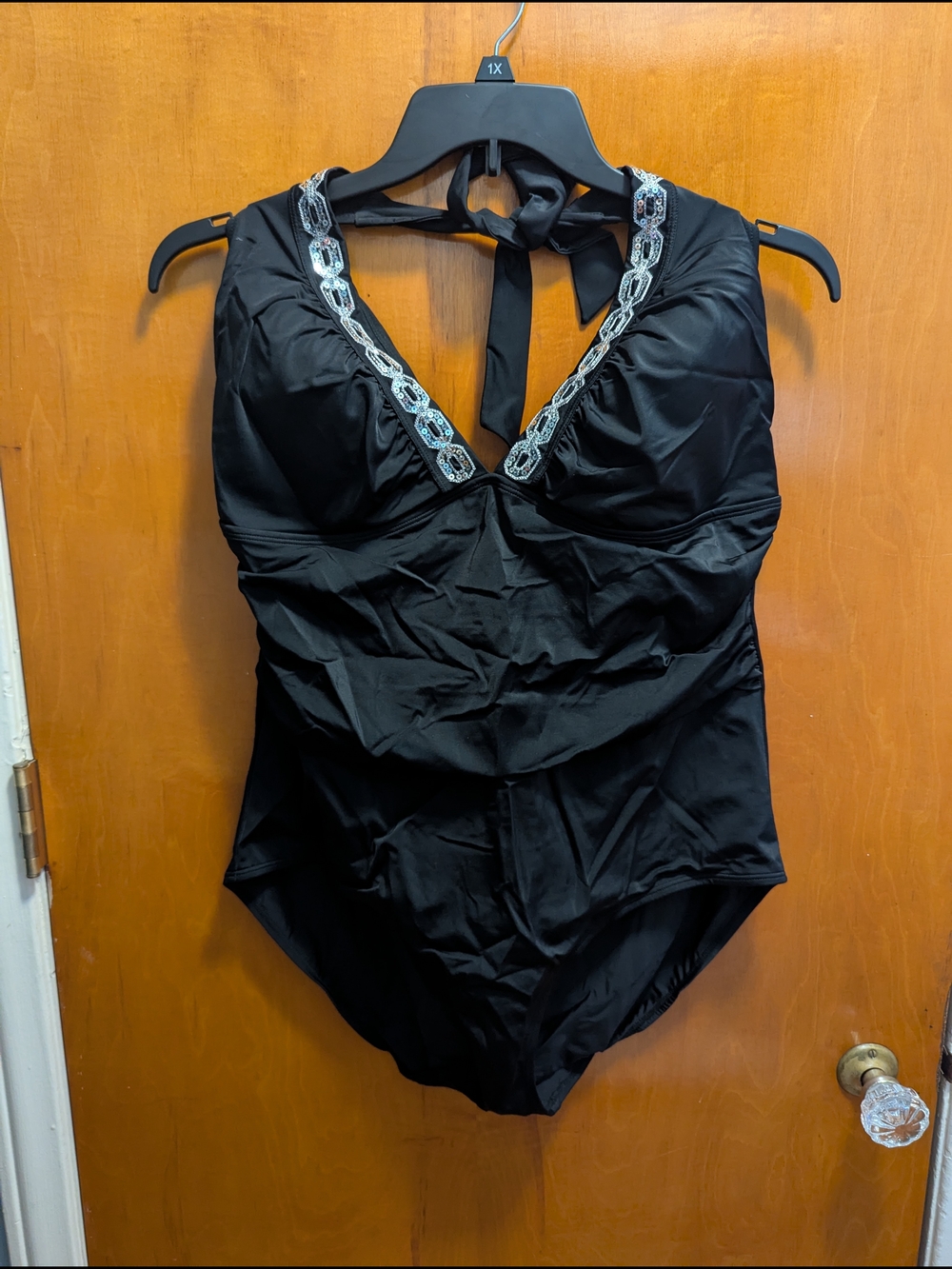 Jaclyn Smith Black Halter One-Piece Swimsuit with Silver Beaded Trim
